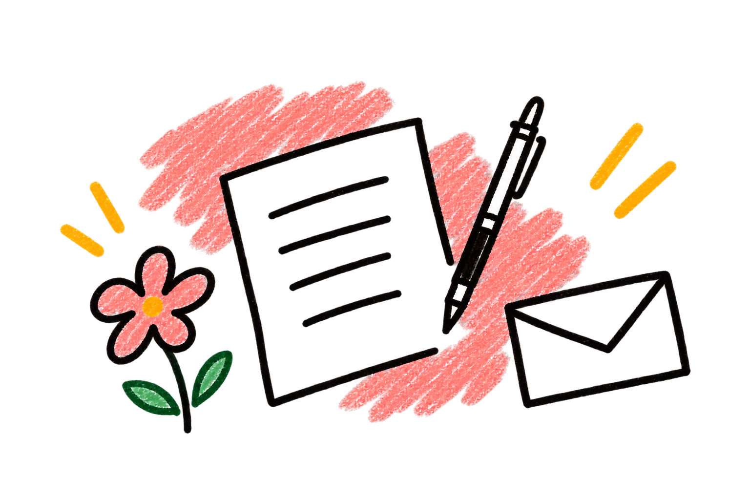 書類とペンと封筒のイラスト